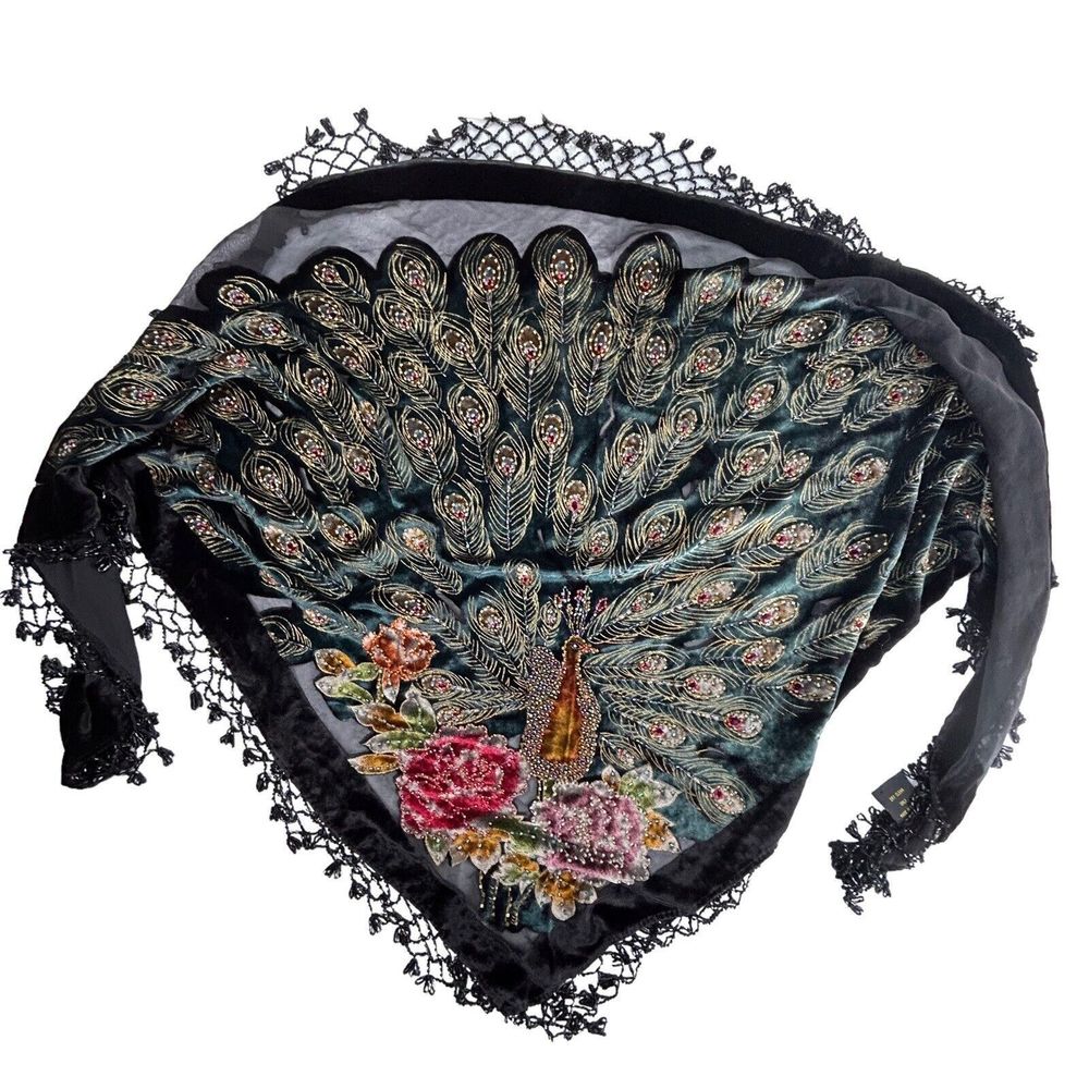 Lucy's Silk Peacock Wrap Shawl Beaded Velvet Trim Fringe Triangle Metallic